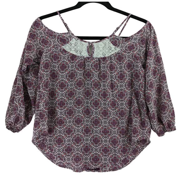 Rewind Cold Shoulder Blouse S Purple Mandala Print Scoop Lace Keyhole Strappy - Picture 2 of 9